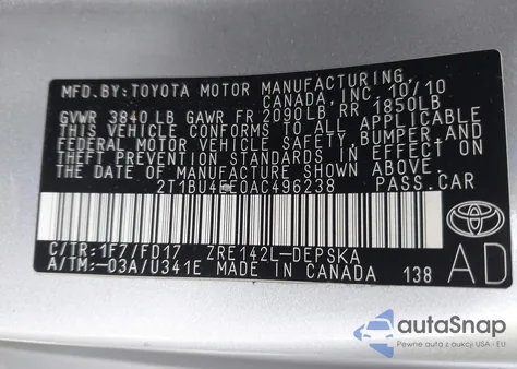 2010 Toyota Corolla S из США, поврежденный, VIN 2T1BU4EE0AC496238